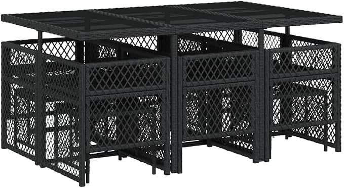 11 Piece Garden Dining Set, Outdoor Patio Furniture Set with Black Poly Rattan Table and Chairs, Space Saving Dining Set with Cushions for Backyard and Terrace