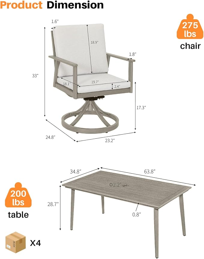 7 Pieces Outdoor Dining Set, Never-Rust Aluminum Patio Swivel Dining Set with Umbrella Hole, 360° Rotation Outdoor Patio Furniture Set, 6 Swivel Chairs and Table for Garden, Pool, Limed Oak
