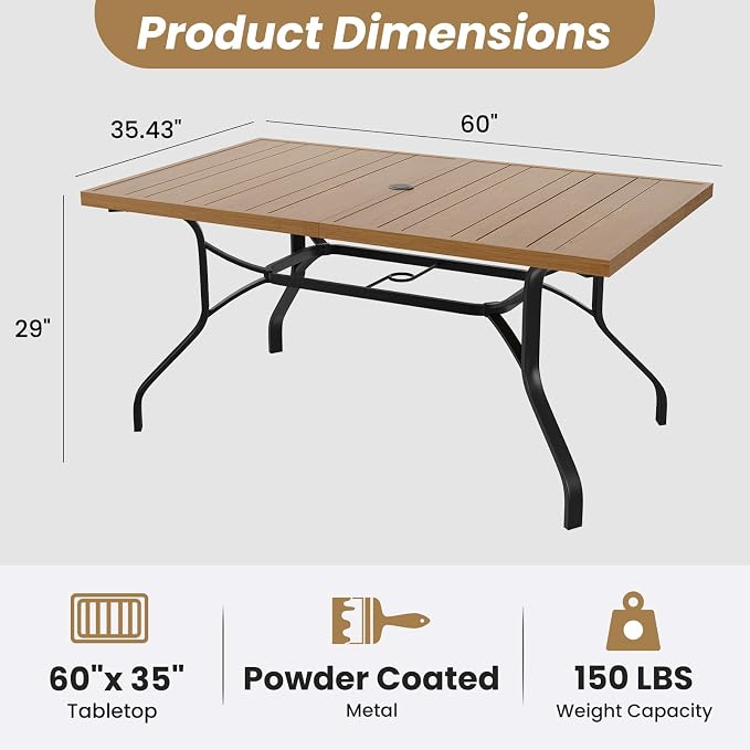 Soohow Outdoor Patio Table with 1.57" Umbrella Hole, 60"x35" Outdoor Dining Table Wood-Like Texture, All-Weather Metal Frame Patio Dining Tables for Poolside, Deck, Proch