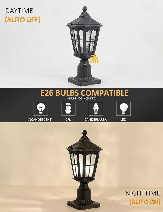 Dusk to Dawn Post Light Outdoor 2 Pack, 17''H Outdoor Lamp Post Light with Pier Mount Adapter,Waterproof IP65 Classic Die Cast Aluminum with Water Ripple Glass, Matte Black…