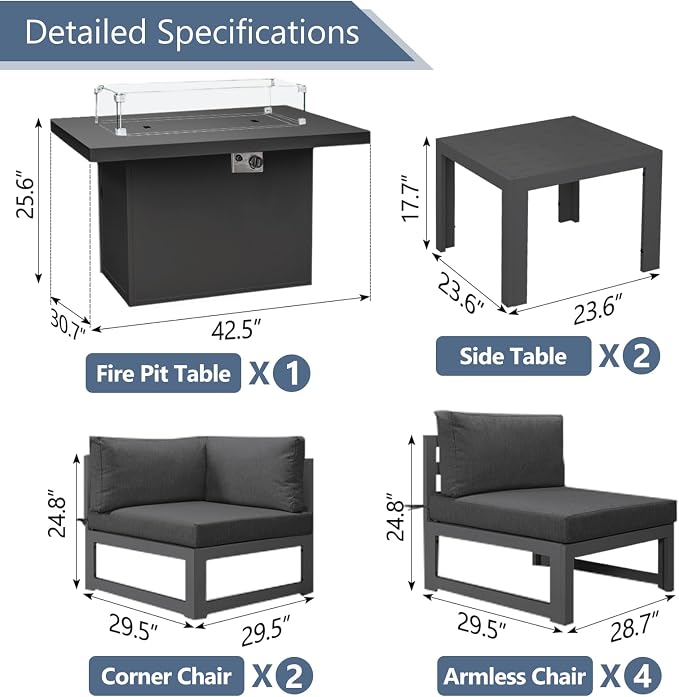 RADIATA 9 Pieces Aluminum Patio Furniture Set with Fire Pit Table, Morden Outdoor Sectional Sofa, Large Conversation Seat with Thick Cushion for Garden Backyard Deck Porch (Grey)