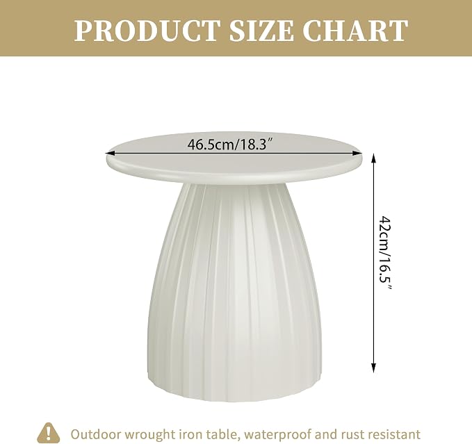 Round Small Patio Side Table, Metal Steel Outdoor Side Table, Patio Accent End Table for Garden, Pool, Deck, Balcony, Yard, Living Room, White, Weather Resistant, No Assembly