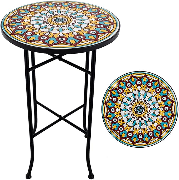 Mosaic Outdoor Side Table Small Round Patio Table Plant Stand | 21" Accent End Table with 14" Ceramic Tile Top for Small Spaces Porch Pool Garden Decor Indoor Living Room Bedroom Balcony