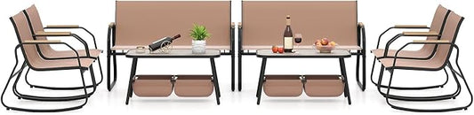 Tangkula 8 Pieces Patio Furniture Set with 2 Rocking Bistro Chairs, Outdoor Conversation Set with 2-Tier Coffee Table and Breathable Fabric Chairs for Porch, Garden, Lawn and Backyard (2, Brown)