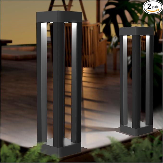Outdoor Solar Floor Lamps, Modern Tall Lanterns for Patio, 2-Pack | 18.9-in black stainless steel lanterns with dusk-to-dawn solar power, IP65 waterproof and decorative downward lighting