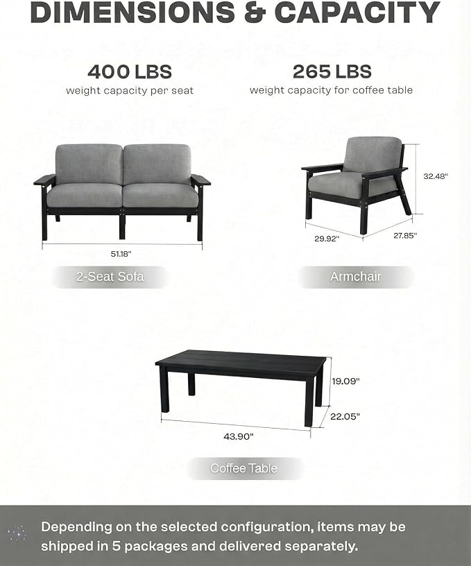 HDPE Patio Furniture Set 10 Seats, Outdoor Couch with Washable Thick Gray Cushions & Coffe Table & Side Table, Outdoor Sectional Furniture for Backyard, Deck, Lawn, Porch (Black Frame)