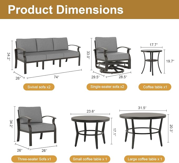 Aluminum Patio Furniture Set,7 Seats Outdoor Sectional with 2 Round Coffee Tables,Patio Conversation Sets w/5.1" Upgraded Thick Cushions for Backyard, Garden and Poolside,Grey
