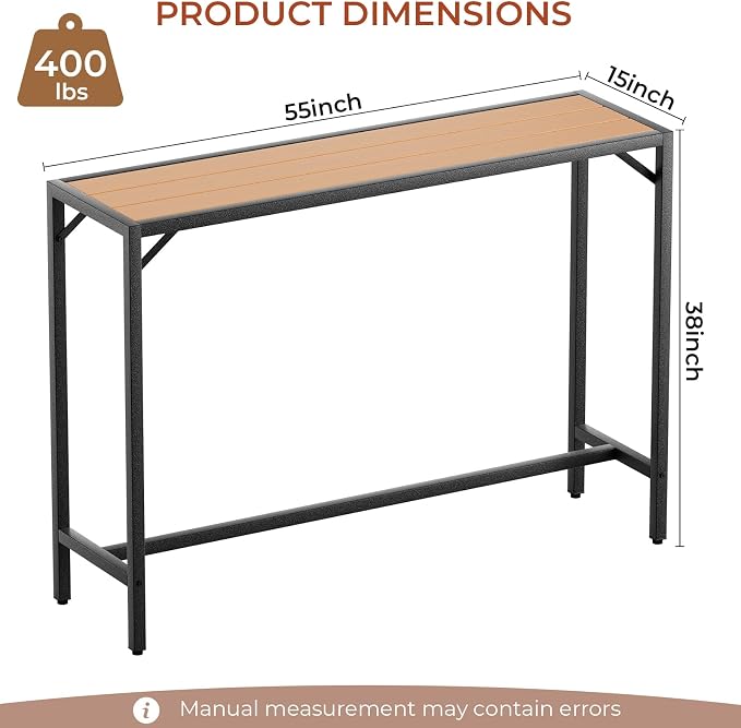 TLSUNNY Outdoor Bar Table, 55" Patio Counter Height Table, High Top Furniture w/HDPE Top, E-Coating & Hammer-Finish Frame, Adjustable Foot, All Weather for Hot Tub,Balcony,Poolside,Kitchen