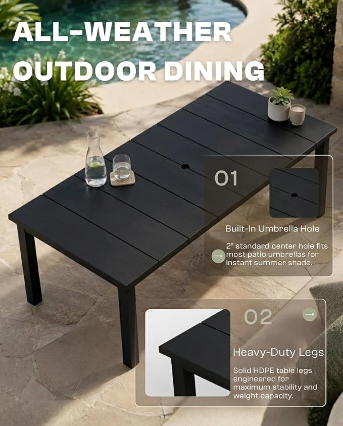 75.2" Outdoor Dining Table for 4-6 People, Patio Dining Outdoor Table with Umbrella Hole, All Weather Patio Table for Backyard, Deck and Garden, Black
