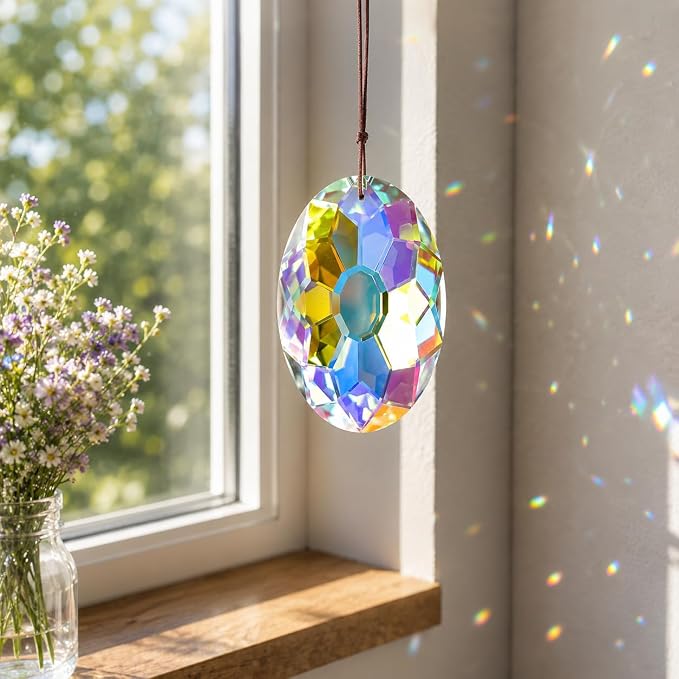 YU FENG 3.5 Inch Oval Crystal Prism Suncatcher, AB Rainbow Maker | AB Coating Faceted Glass Pendant, Colorful Light Catcher, Window Hanging Decor, Rainbow Reflections, Home Garden Ornament
