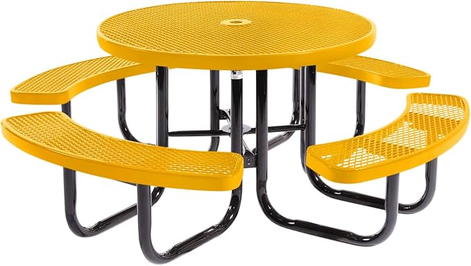COATEDOUTDOORFURNITURE Heavy-Duty Portable Outdoor Picnic Table with Umbrella Hole, Expanded Metal Commercial-Grade Patio Dining Furniture Made in America (46" Round Top, Textured Yellow)