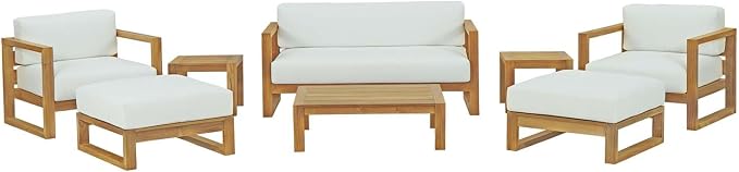 Modway Upland Teak Wood Outdoor Patio 8-Piece Sectional Sofa Set with Cushions in Natural White