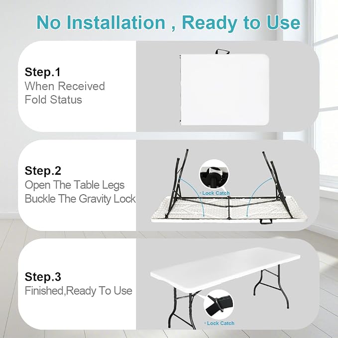6FT Folding Tables Heavy Duty Folding Table, Multi-Functional Fold Up Table for Outdoor Camping Picnic Parties, Indoor Events White Training Table with 330lbs Static Weight Capacity