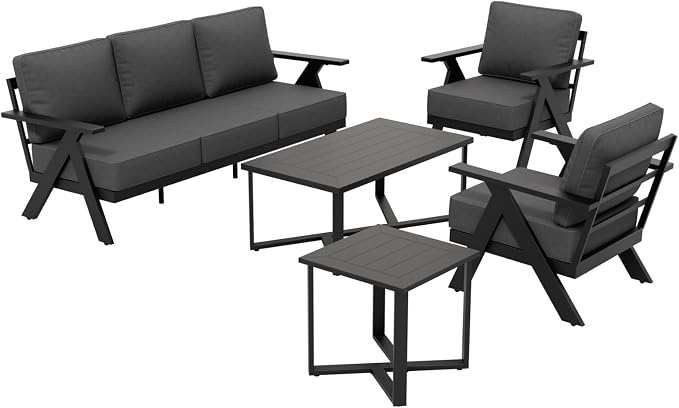 COOS BAY Iron Luxe 5 Piece Outdoor Patio Furniture Set, Modern Patio Conversation Set with 2 Patio Chairs, a 3 Seat Couch, Coffee Table & Side Table for Deck, Garden, Porch, Black/Gray
