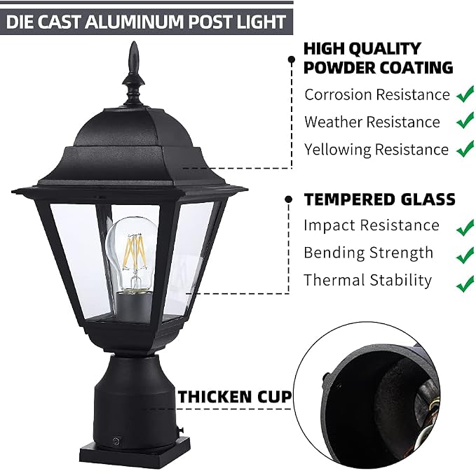 Windben Outdoor Post Light, Waterproof, 16.5in, Matte Black | Cast Aluminum Anti-Rust, Tempered Glass Panels, Comes with Pier Mount Base, For Garden, Yard, Driveway