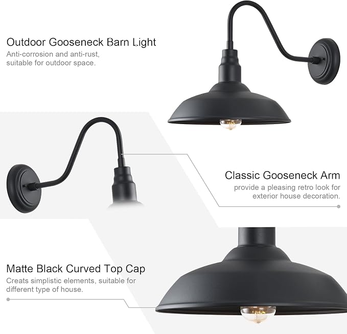 14in Outdoor Gooseneck Light Fixture for Porch, Large Exterior Barn Light with Wall Mount, Black Industrial Lighting Fixture for Farmhouse Garage Patio