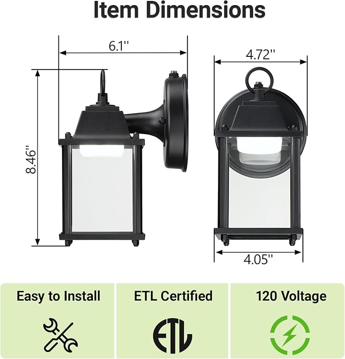 Outdoor Wall Light Fixture Dusk to Dawn, Rustproof Aluminum, LED | Exterior Porch Light Wall Sconce Lantern for House, Patio, Garage, Waterproof, Glass, 9.5W 800 Lumen, 5000K, Black, 1 Pack