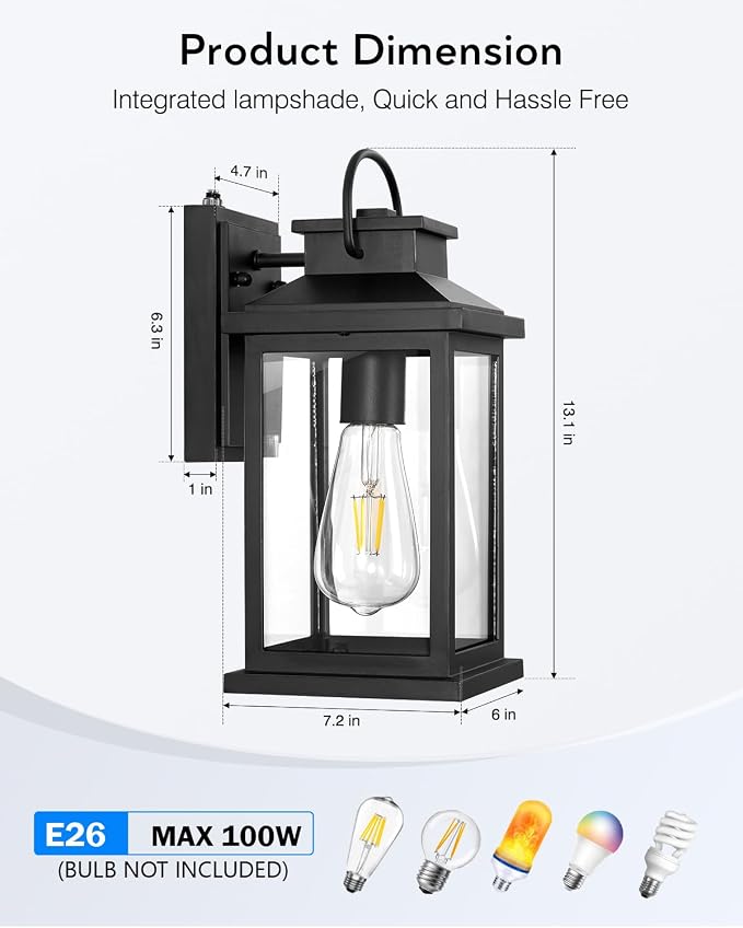 VIANIS Outdoor Wall Lantern, Modern Black Exterior Porch Lights Wall Mount Light Fixture, 100% Aluminum Waterproof Outside Lights for House, Dusk to Dawn Outdoor Sconce Lights for Garage, Patio 2-Pack | Smart Sensor, Aluminum, Modern Outdoor Sconce Lig...