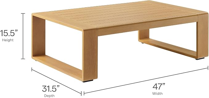 Modway Lirienne Aluminum Faux Wood Outdoor Coffee Table in Natural - 47 Inch Weather-Resistant Modern Rectangle Patio Table with Slatted Top