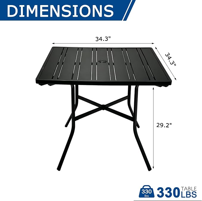 34" Square Patio Table with Umbrella Hole, Metal Outdoor Dining Table for Garden, Backyard and Deck, 4 Person Square Patio Dining Table for Outside, Black