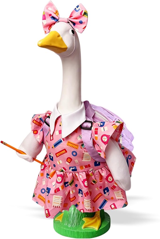 Back to School Porch Goose Outfit for 23" Plastic Statue, Lawn Porch Goose Clothes with Schoolbag and Pencil for School Classroom Outdoor Garden Yard Patio Statue Art Decor
