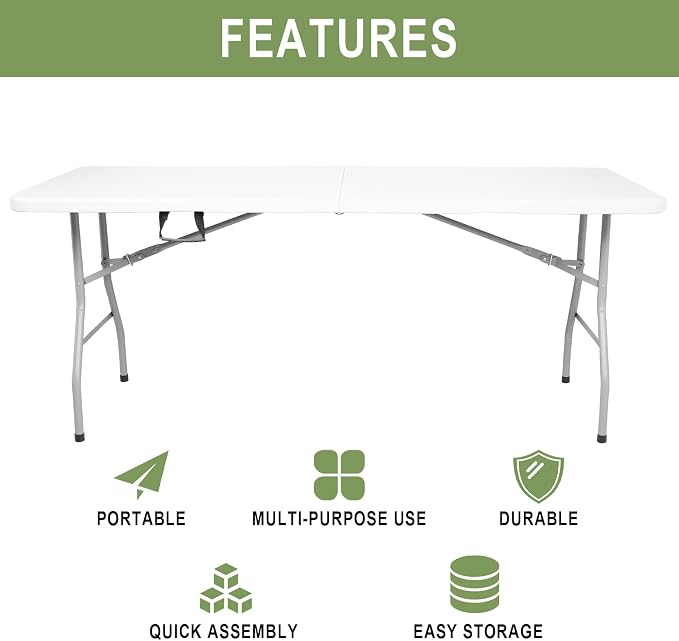 Folding Table, Portable Foldable Table 6 Ft, Square Plastic Dining Table, Folding Camping Table for Outdoor Picnic Dining, White