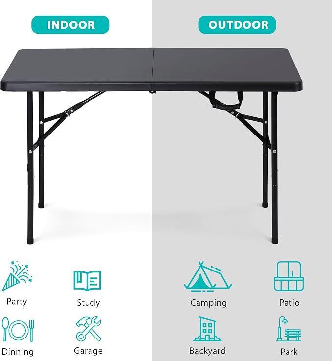 4ft Folding Table, Portable Plastic Picnic Table with Handle Card Table for Picnic Party Camping Dining Indoor Outdoor Lightweight, Black