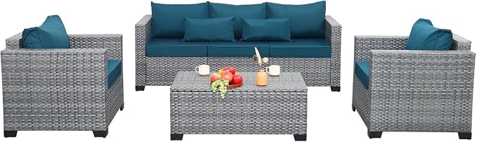 4 Piece PE Rattan Sectional Sofa Couch Peacock Blue Outdoor Conversation Set Wicker Patio Furniture Sets with Storage Table and Comfortable Cushions