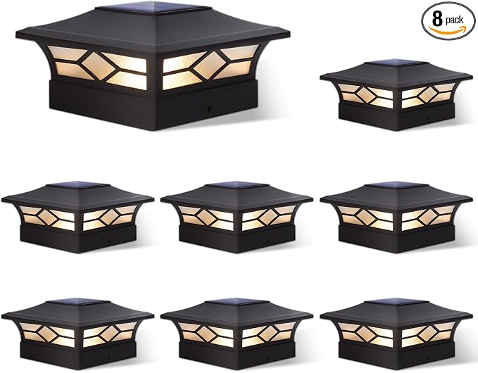 Solar Post Cap Lights Outdoor 8pack, Waterproof Solar Powered Deck Fence Post Lights for 4x4 Wood/Vinyl Posts, Solar Outdoor LED Light with Cool/Warm Lighting (Black, 8pack)