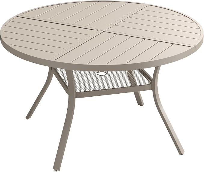 47.2" Outdoor Dining Table with Adjustable Umbrella Hole, Metal Slatted Round Patio Dining Table for Backyard Garden Deck, Sandshell