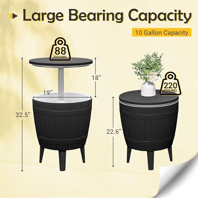 Greesum Outdoor Patio 10 Gallon Cooler Bar Table, 3 in 1 Resin Patio Beer and Wine Ice Bucket Cocktail Tables with Adjustable Height for Party and Deck, Black