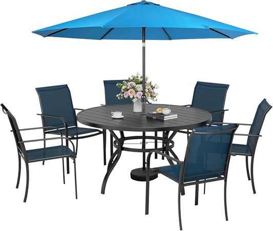 Incbruce 8 PCS Patio Dining Set with Sky Blue Umbrella, Outdoor Dining Set of 6 Textilene Chairs and 53" Round Table with Umbrella Hole for Backyard, Garden, and Poolside (Blue)