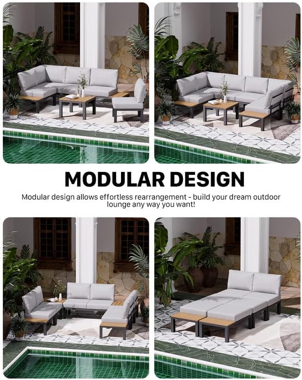 ZANDOR Aluminum Outdoor Patio Furniture Set, 5 Pieces Movable Backrest Modular Sectional Sofa Set, Metal Conversation Set with 4-inch Thick Cushion for Garden Backyard Porch, Grey