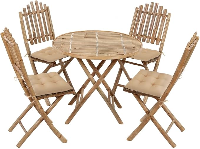 5 Piece Bamboo Folding Patio Dining Set with Cushions, Waterproof Outdoor Table and 4 Chairs for Garden Porch, Beige Seat Cushions Included, Space-Saving Alfresco Furniture