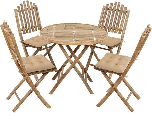5 Piece Bamboo Folding Patio Dining Set with Cushions, Waterproof Outdoor Table and 4 Chairs for Garden Porch, Beige Seat Cushions Included, Space-Saving Alfresco Furniture