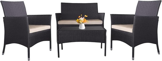 Outdoor Furniture Set of 4 Pieces with PE Waterproof Rattan Tempered Glass Table and Thick Cushions Suitable for Gardens Porches Terraces and Balconies Easy to Assemble Black and Beige