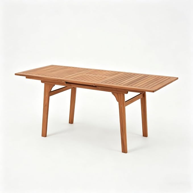 OC Orange-Casual Outdoor Acacia Wood Expandable Table for 6-8, Wooden Rectangular Table with Umbrella Hole and Slat Design, for Patio, Deck, Porch, Backyard, Natural