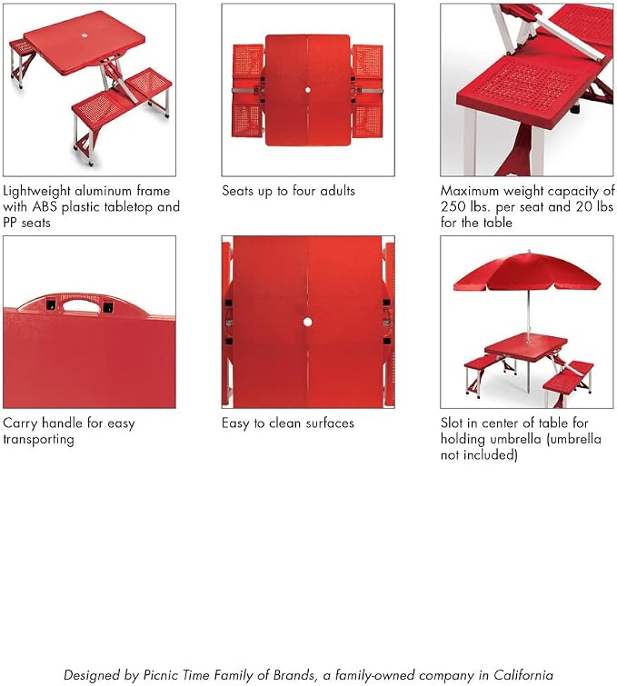 PICNIC TIME NCAA NC State Wolfpack Football Field Folding Picnic Table - Camping Table - Outdoor Table with Umbrella Hole, (Red)