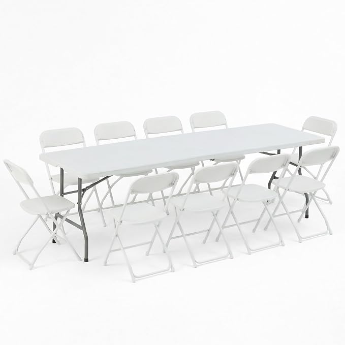 8 FT Plastic White Folding Table Set with 10 White Folding Chairs for Picnic, Event, Game, Camping, at Home and Commercial Use