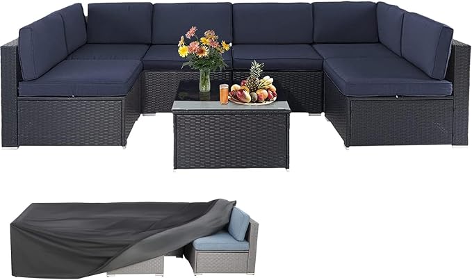 Betterland 7 Piece Outdoor Sectional Sofa Patio Furniture Set, All-Weather PE Rattan Wicker Patio Conversation Set with Washable Cushion, Glass Table and Waterproof Cover(Dark Blue)
