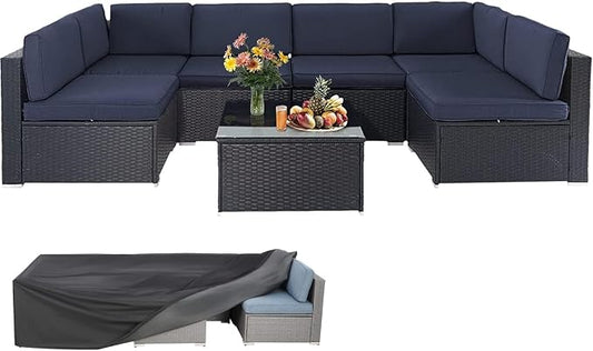 Betterland 7 Piece Outdoor Sectional Sofa Patio Furniture Set, All-Weather PE Rattan Wicker Patio Conversation Set with Washable Cushion, Glass Table and Waterproof Cover(Dark Blue)