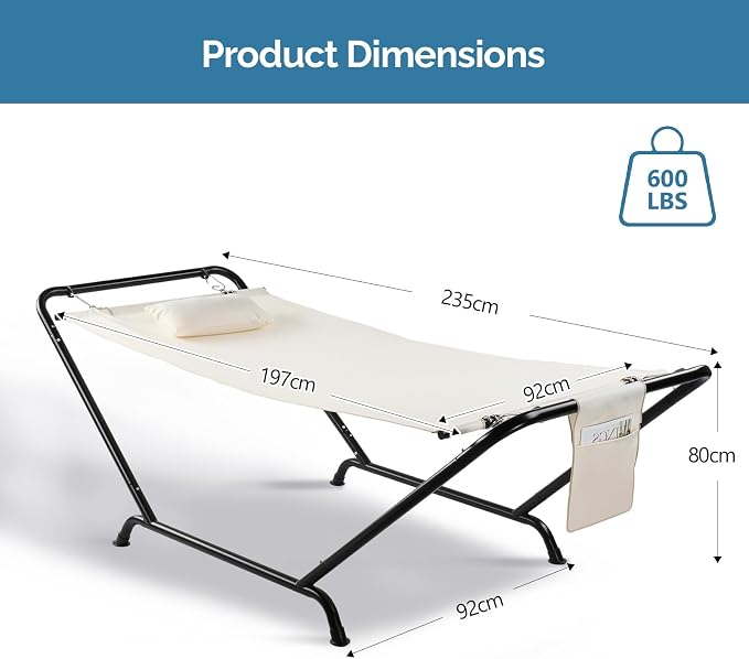 Hammock with Stand,Heavy Duty Portable Hammocks with Stand for Outside,600LBS Capacity,Steel Frame,Detachable Pillow & Portable Carrying Bag for Outdoor,Indoor,Backyard,Camping,Garden (Beige)
