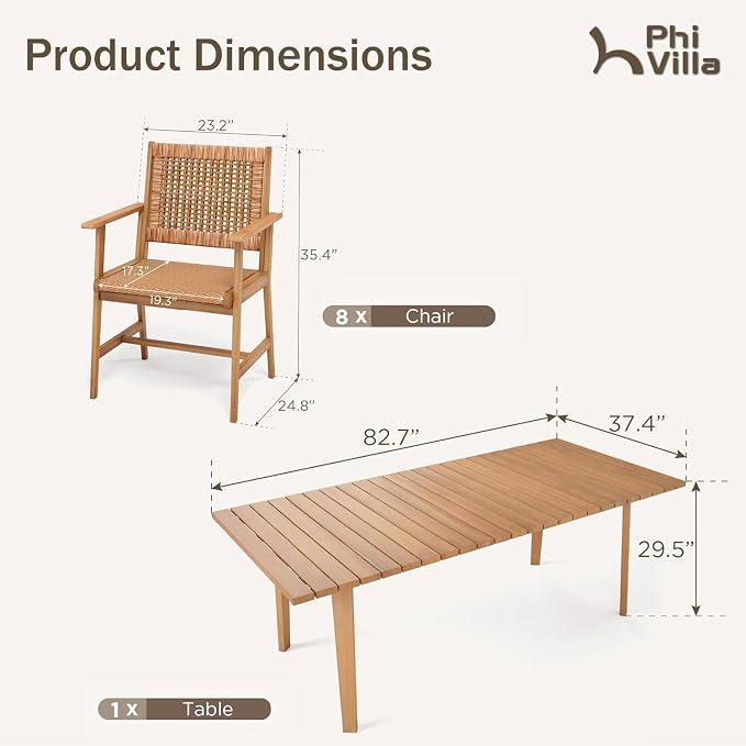 PHI VILLA Outdoor Dining Set, Acacia Wood Construction Teak 9 Piece | Wicker Chairs, Weather-Resistant