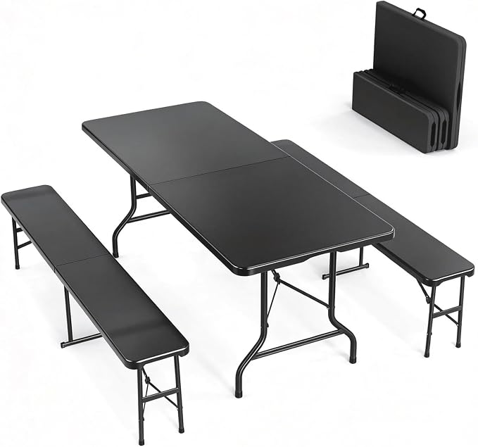 VINGLI Picnic Table Set with 2 Benches, 6 Feet Camping Table Chair Set, 3-Piece Folding Furniture for Indoor or Outdoor Use, Tree Patterned HDPE Tabletop, Black