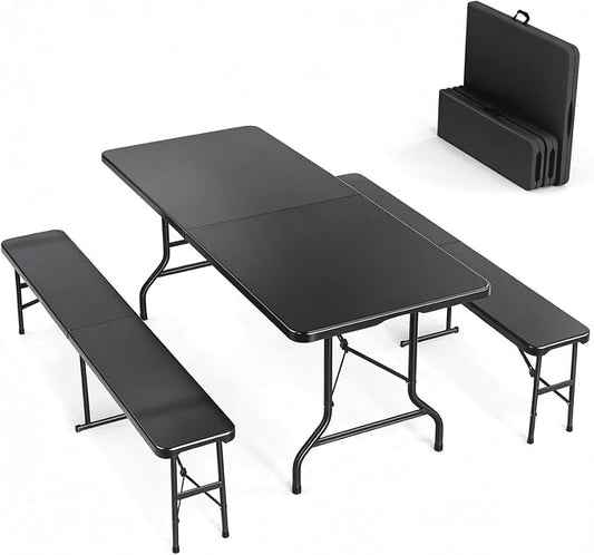 VINGLI Picnic Table Set with 2 Benches, 6 Feet Camping Table Chair Set, 3-Piece Folding Furniture for Indoor or Outdoor Use, Tree Patterned HDPE Tabletop, Black