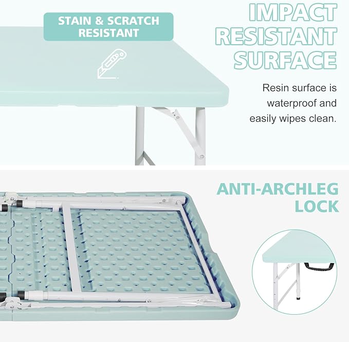 Portable 4Ft Folding Table, Heavy Duty Plastic Fold-in-Half Utility Foldable Table, Adjustable Height Plastic Folding Table with Carrying Handle for Camping &Party Indoor/Outdoor (Light Blue)