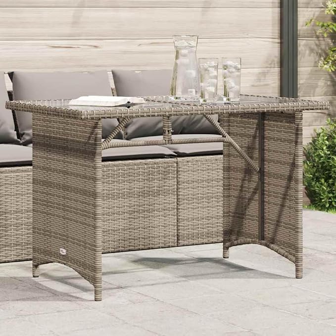 vidaXL Patio Table with Glass Top, Garden Dining Table with Steel Frame, Rectangular Outdoor Furniture, Modern Style, Gray Poly Rattan