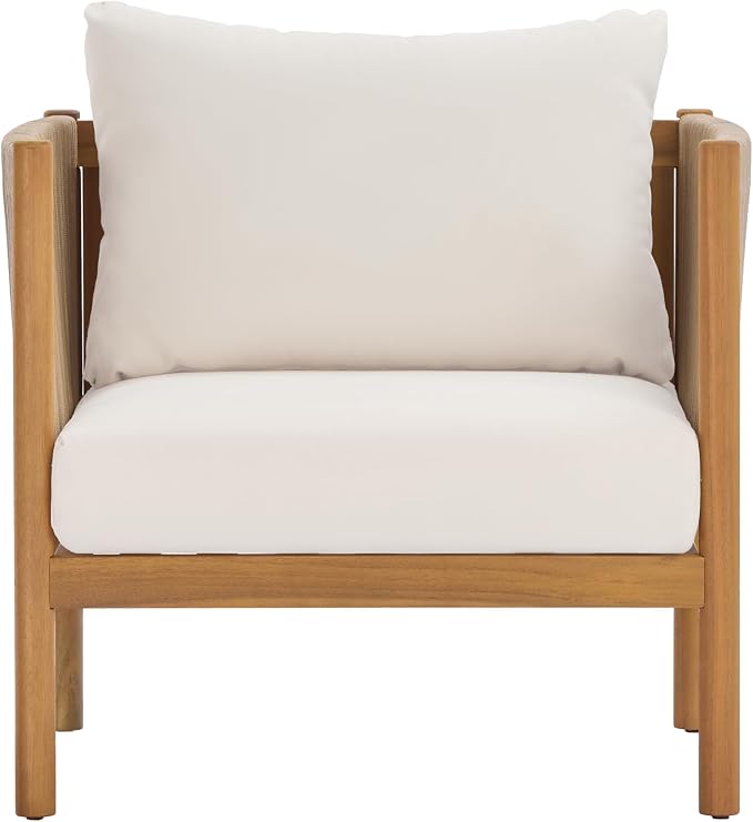 Merax 4-Piece Outdoor Sofa Set with Acacia Wood Frame in Teak Look, Beige Rope Panels & Cream Cushions, Patio Conversation Set with 2 Club Chairs, Loveseat & Coffee Table for Patio & Garden
