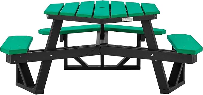 Global Industrial Outdoor 46" Hexagonal ADA Accessible Picnic Table with 3 Attached Benches, Recycled Plastic Construction, 1600 Lbs Weight Capacity, Green