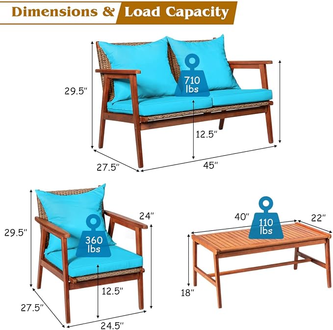 Tangkula 4 PCS Patio Wood Sofa Set, Outdoor Acacia Wood Seating Chat Set with Cushions & Coffee Table, Sectional Conversation Sofa Set for Garden, Backyard, Poolside (1, Turquoise)